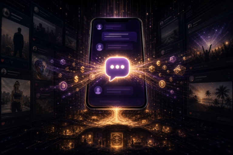 Glowing smartphone with a chat interface surrounded by floating cryptocurrency and currency symbols in a dark digital landscape
