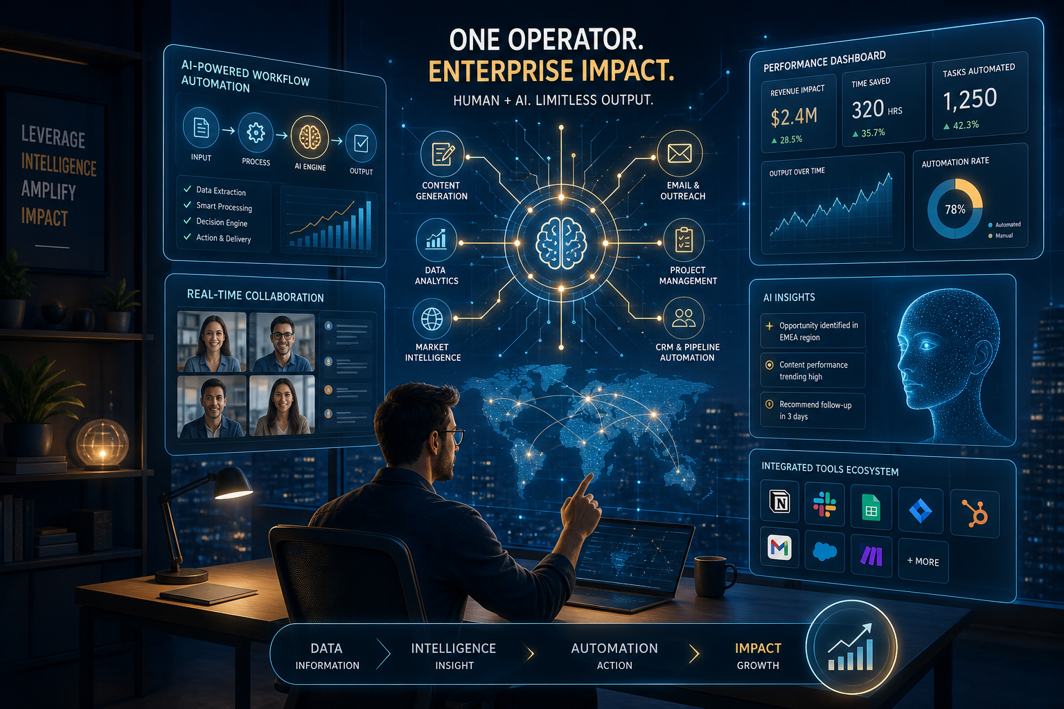 Infographic: One Operator. Enterprise Impact. AI platform showing workflow automation, performance dashboard with $2.4M revenue impact, 320 hrs saved, 78% automation rate, and integrated tools ecosystem