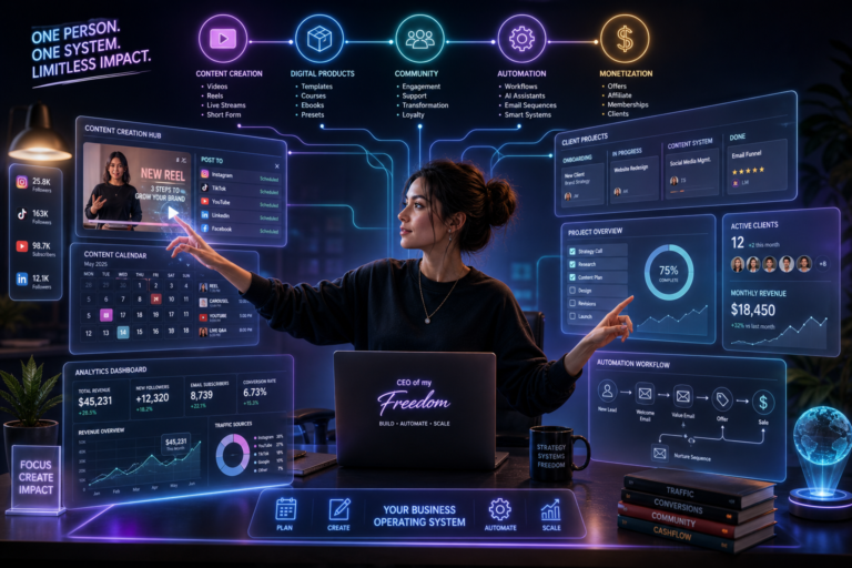 Infographic showing a one-person business system covering content creation, digital products, community, automation, and monetization, with dashboards displaying $18,450 monthly revenue and 12 active clients