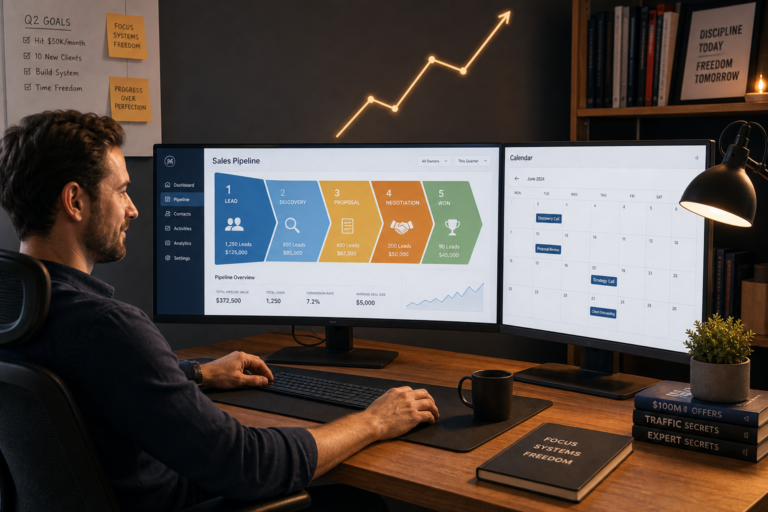 Man at a desk reviewing a CRM sales pipeline dashboard showing 1,250 leads and $372,500 total pipeline value across five stages