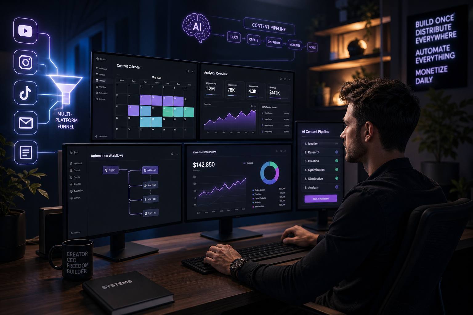 Man at a multi-monitor workstation displaying an AI content pipeline dashboard with analytics, automation workflows, and $142K revenue data