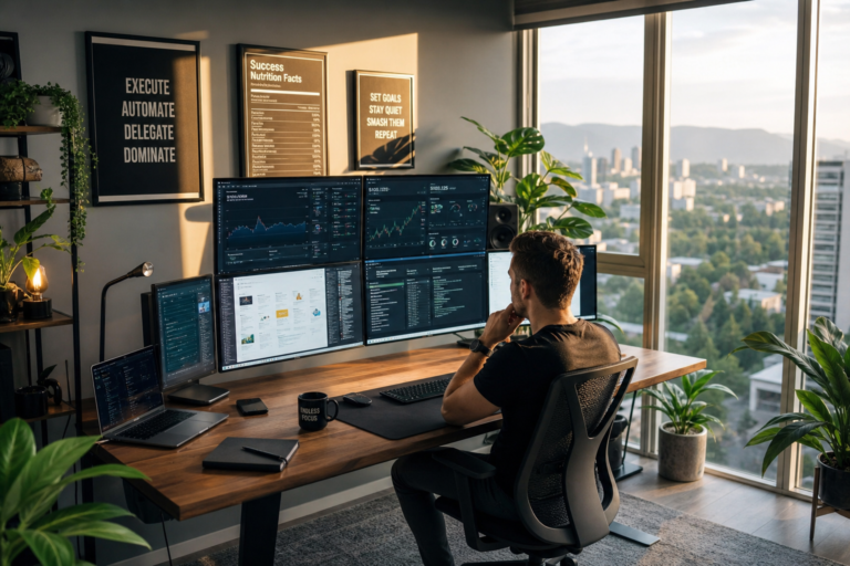 Man working at a multi-monitor desk setup displaying trading dashboards, in a high-rise home office with motivational posters and a city view