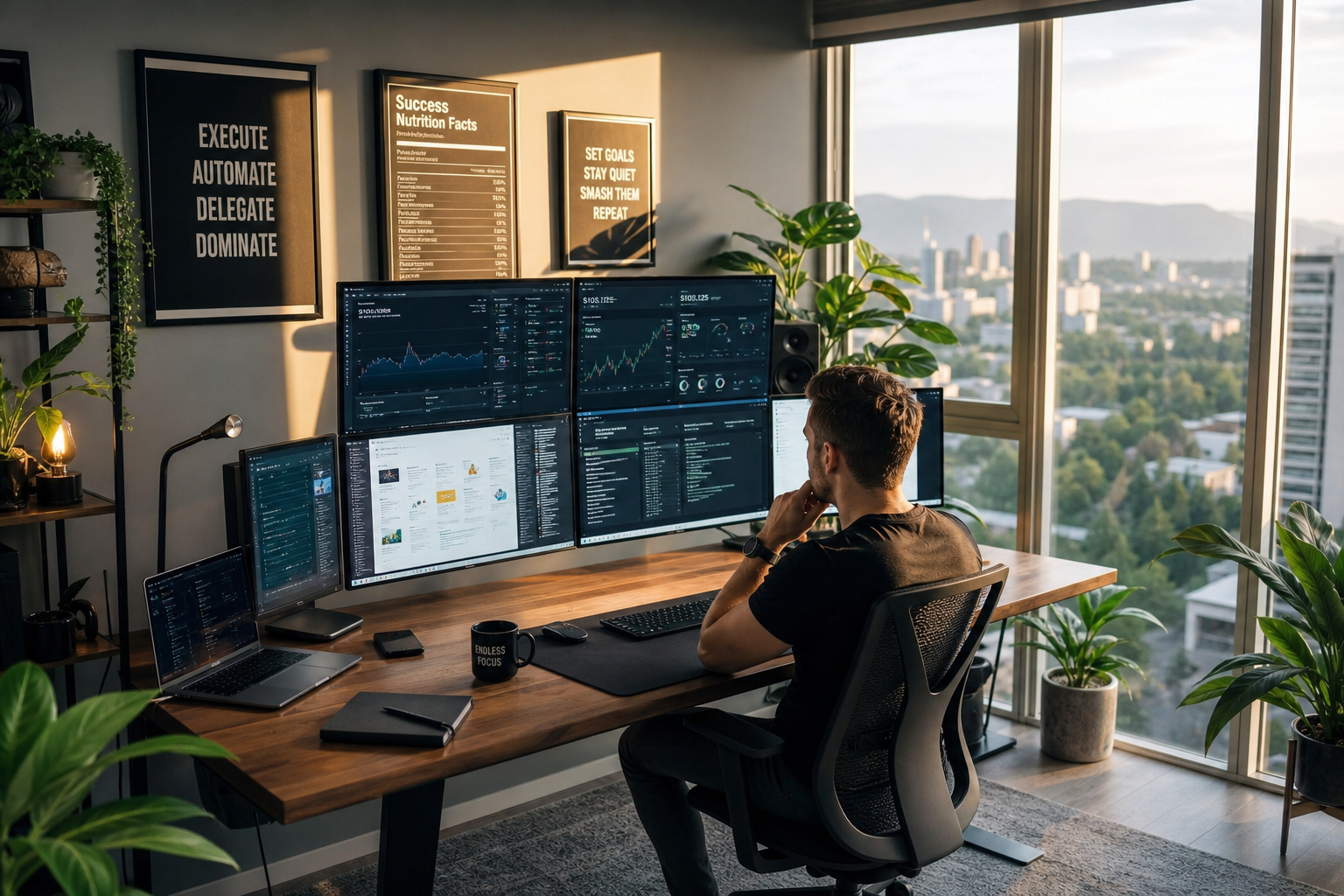 Man working at a multi-monitor desk setup displaying trading dashboards, in a high-rise home office with motivational posters and a city view