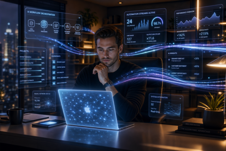 Person working at a laptop surrounded by holographic AI dashboards showing workflow orchestration, automation metrics, and performance data