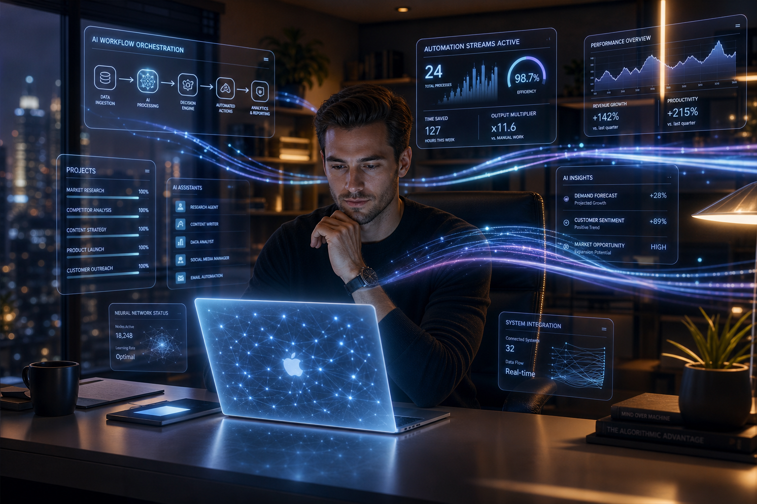 Person working at a laptop surrounded by holographic AI dashboards showing workflow orchestration, automation metrics, and performance data