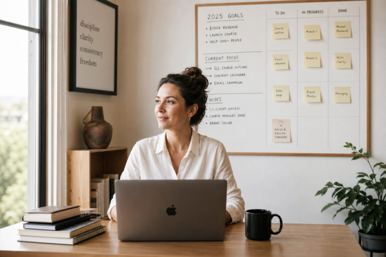Woman at a desk with a laptop, looking thoughtfully toward a window, with a 2025 goals and task board visible behind her
