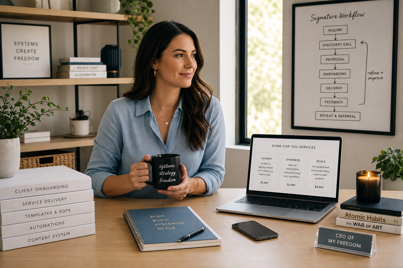 Woman at a styled desk holding a mug reading "systems strategy freedom," with a laptop showing done-for-you service tiers, a signature workflow chart, and branded business materials including a "CEO of My Freedom" nameplate