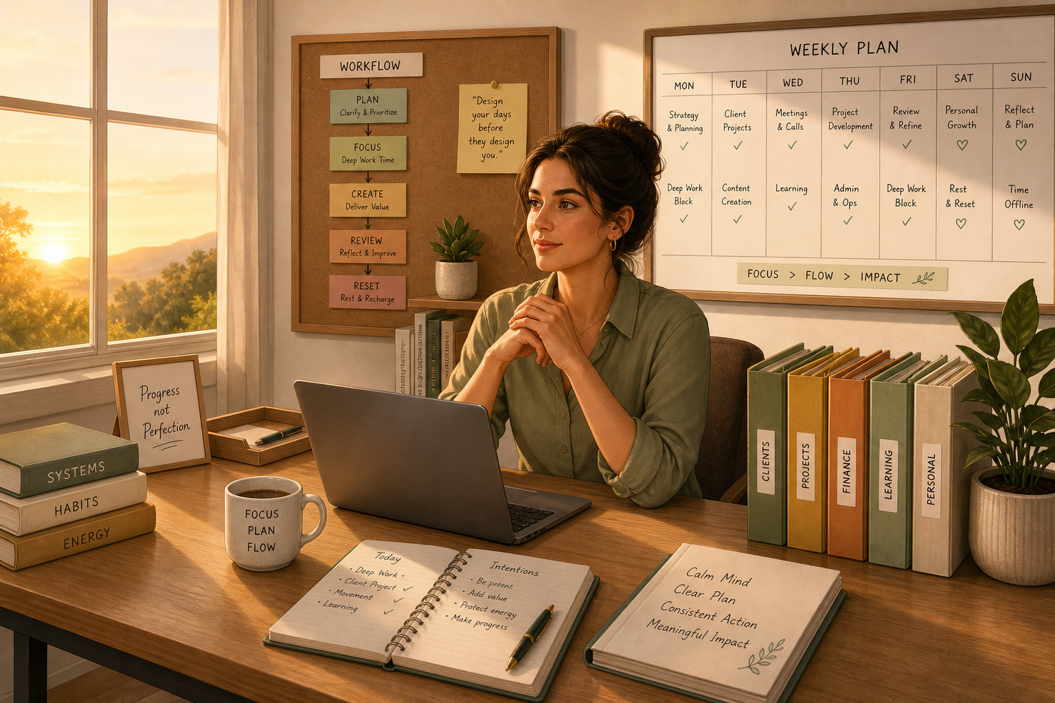Woman at an organized desk with a weekly planner, workflow board, and journal showing productivity and intentional planning systems