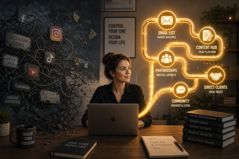 Woman at laptop contrasting chaotic social media risks with a glowing pipeline of owned channels: email list, content hub, partnerships, community, and direct clients