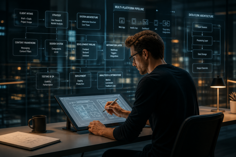 A designer sketches on a tablet in front of a glowing display showing a multi-platform pipeline and data flow architecture diagram