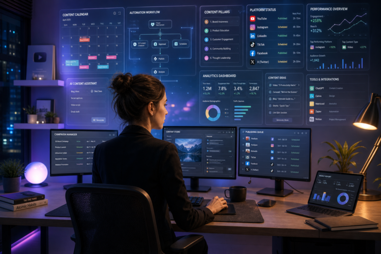 Content marketer working at a multi-screen setup displaying AI-powered dashboards for social media scheduling, analytics, and campaign management