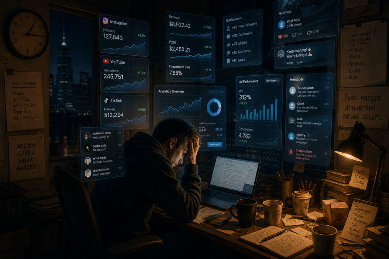 Exhausted content creator slumped over a laptop, surrounded by social media dashboards, hustle-culture notes, and coffee cups late at night