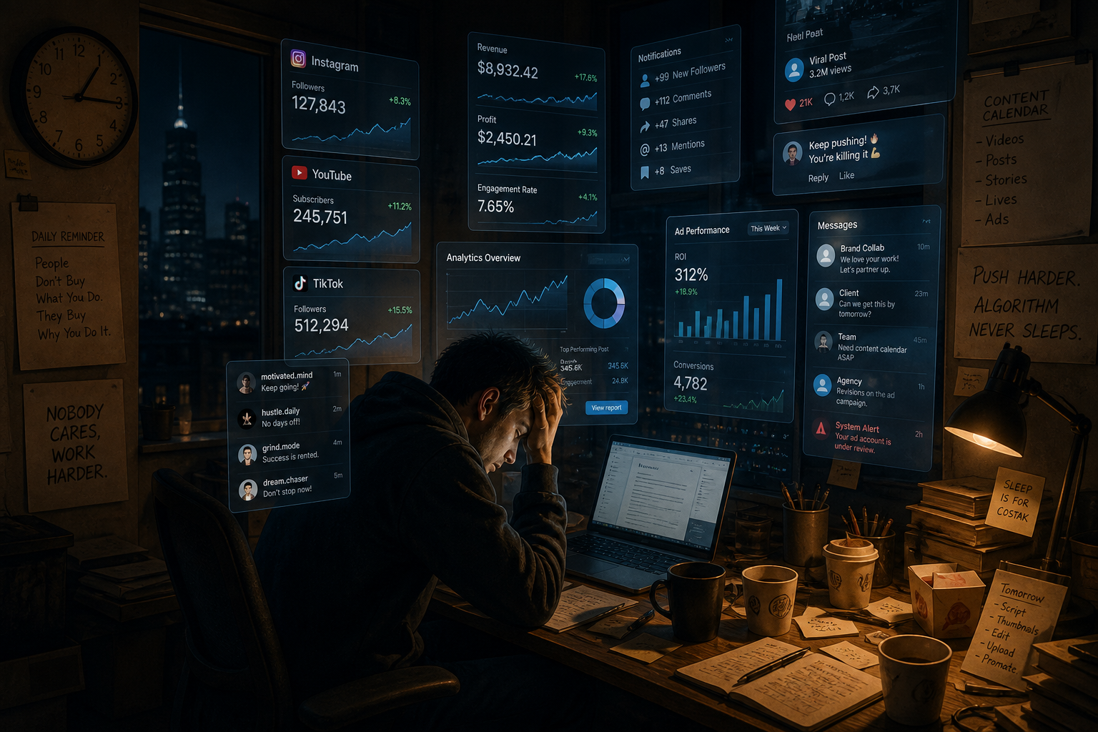 Exhausted content creator slumped over a laptop, surrounded by social media dashboards, hustle-culture notes, and coffee cups late at night