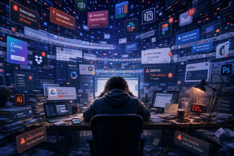 Person overwhelmed at a cluttered desk, surrounded by a flood of app notifications, overdue tasks, and system alerts across multiple screens