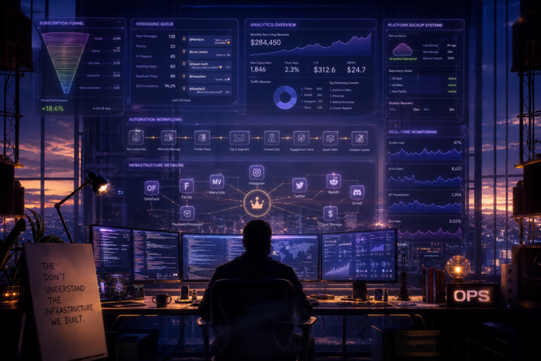 Person seated at a multi-monitor workstation facing a large dashboard displaying subscription funnel, analytics, automation workflows, and platform metrics. Text reads: They don't understand the infrastructure we built