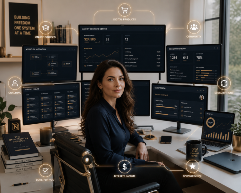 Woman at a multi-monitor desk with dashboards showing seven income streams: online courses, digital products, community, subscriptions, affiliate income, sponsorships, done-for-you, and coaching