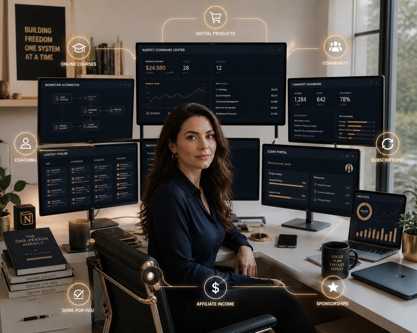 Woman at a multi-monitor desk with dashboards showing seven income streams: online courses, digital products, community, subscriptions, affiliate income, sponsorships, done-for-you, and coaching