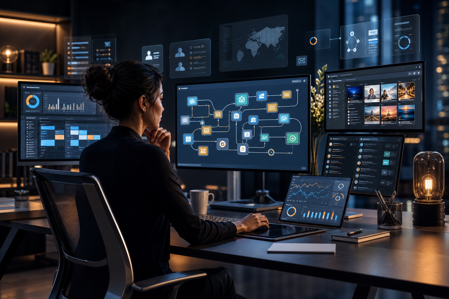 Woman at a multi-monitor workstation reviewing dashboards, workflow diagrams, and analytics data in a dimly lit office